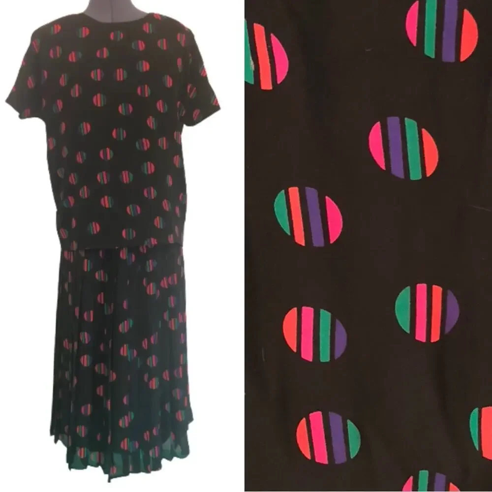Vintage 70s 80s Polyester Matching Top and Skirt Loose 2 Piece Coord Set Rainbow